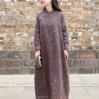 Retro floral stand collar long dress