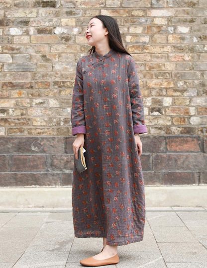 Retro floral stand collar long dress