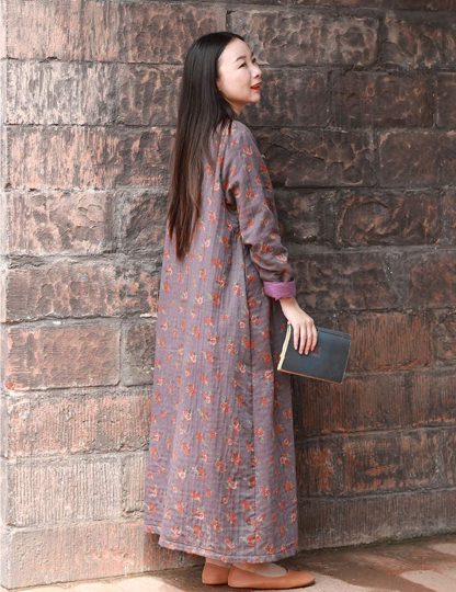 Retro floral stand collar long dress - Image 2