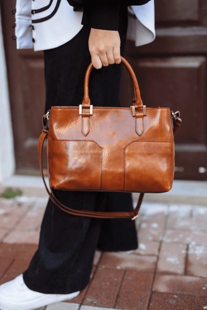 Vintage brown handmade leather Boston bag