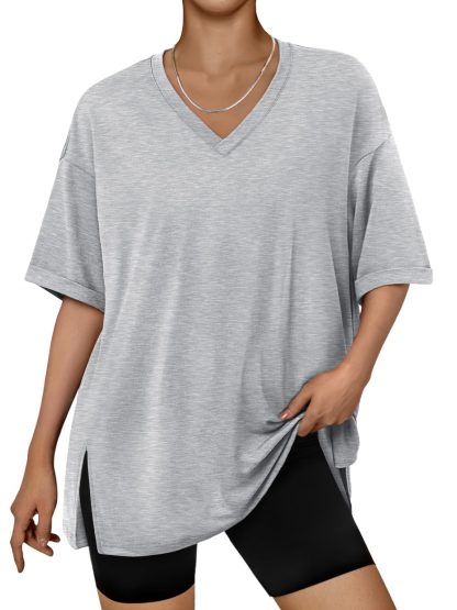 Women's Grey V-Neck Loose Short Sleeve Top - Image 6