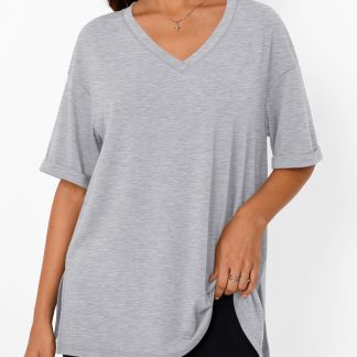 Women's Grey V-Neck Loose Short Sleeve Top