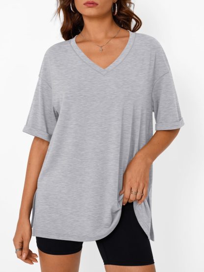 Women's Grey V-Neck Loose Short Sleeve Top