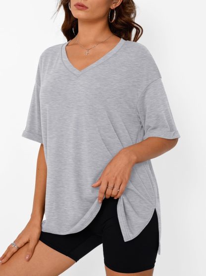 Women's Grey V-Neck Loose Short Sleeve Top - Image 4