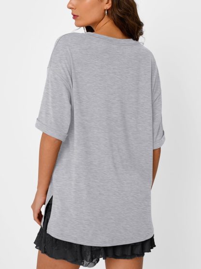 Women's Grey V-Neck Loose Short Sleeve Top - Image 3