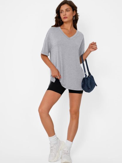 Women's Grey V-Neck Loose Short Sleeve Top - Image 2