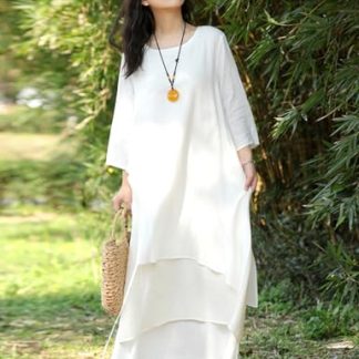 Fake two-piece cotton and linen long skirt