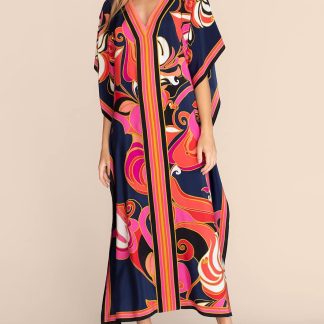Retro and charming contrasting color print robe dress