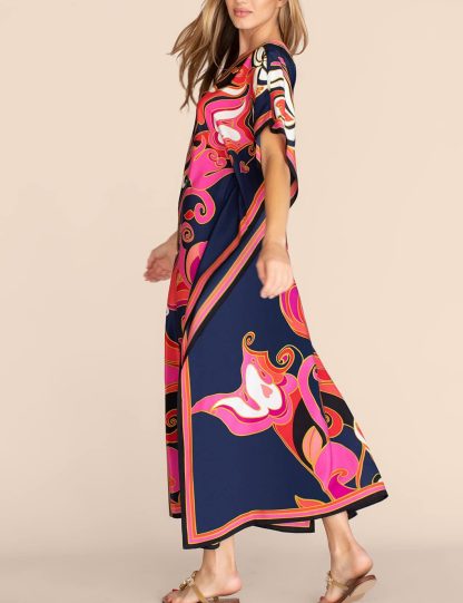 Retro and charming contrasting color print robe dress - Image 3