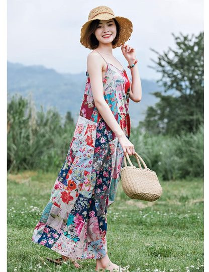 Floral patchwork bohemian suspender maxi dress - Image 4