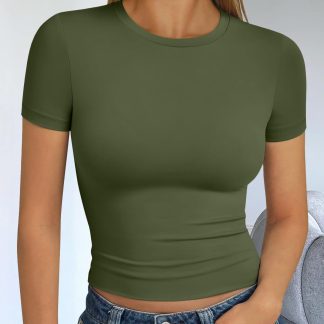 Women's olive green round neck short-sleeved top