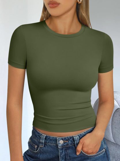 Women's olive green round neck short-sleeved top