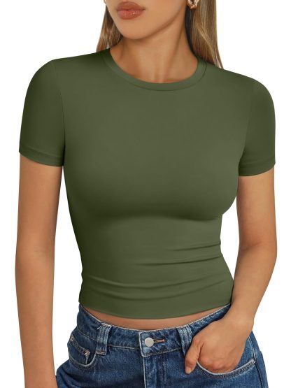 Women's olive green round neck short-sleeved top - Image 6