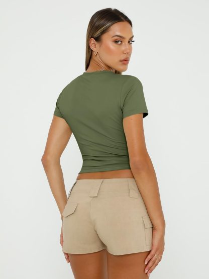 Women's olive green round neck short-sleeved top - Image 2
