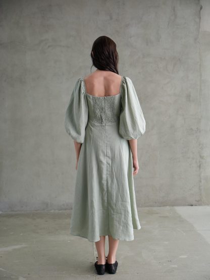 French Square Neck Puff Sleeve Linen Dress - Image 6