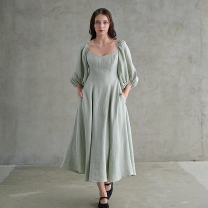 French Square Neck Puff Sleeve Linen Dress - Image 5