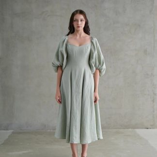 French Square Neck Puff Sleeve Linen Dress