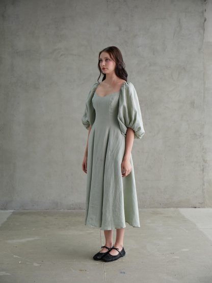 French Square Neck Puff Sleeve Linen Dress - Image 3