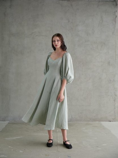 French Square Neck Puff Sleeve Linen Dress - Image 2