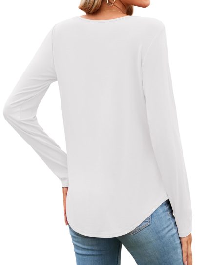 Simple V-neck button-embellished curved hem long-sleeved top - Image 6
