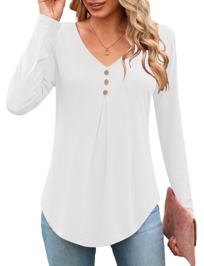 Simple V-neck button-embellished curved hem long-sleeved top - Image 4