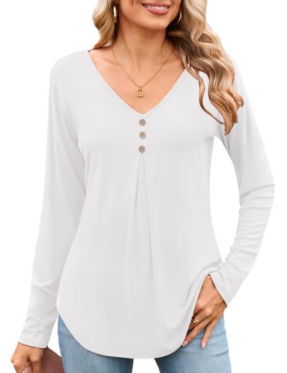 Simple V-neck button-embellished curved hem long-sleeved top - Image 3