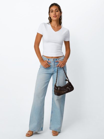 Women's White V-Neck Short Sleeve Skinny T-Shirt - Image 6