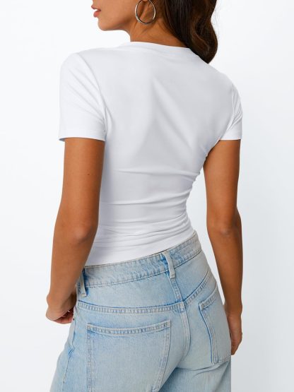 Women's White V-Neck Short Sleeve Skinny T-Shirt - Image 2