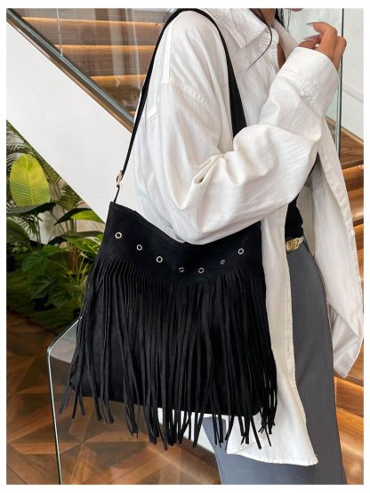 Black Suede Tassel Tote