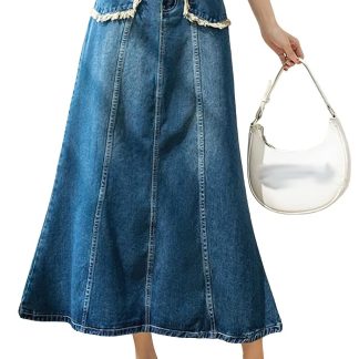 Women's high waist denim maxi skirt with contrast trim