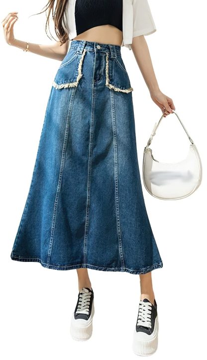 Women's high waist denim maxi skirt with contrast trim
