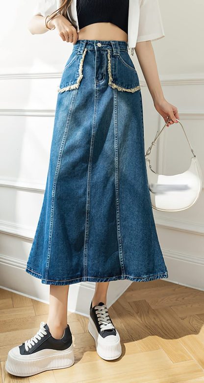 Women's high waist denim maxi skirt with contrast trim - Image 3