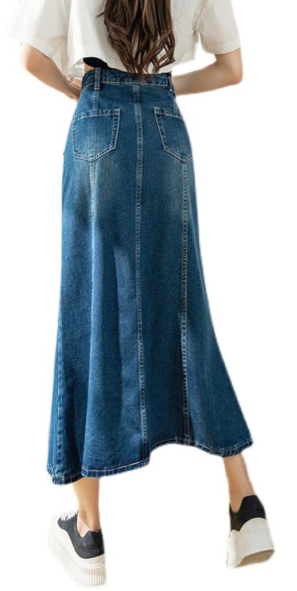 Women's high waist denim maxi skirt with contrast trim - Image 2