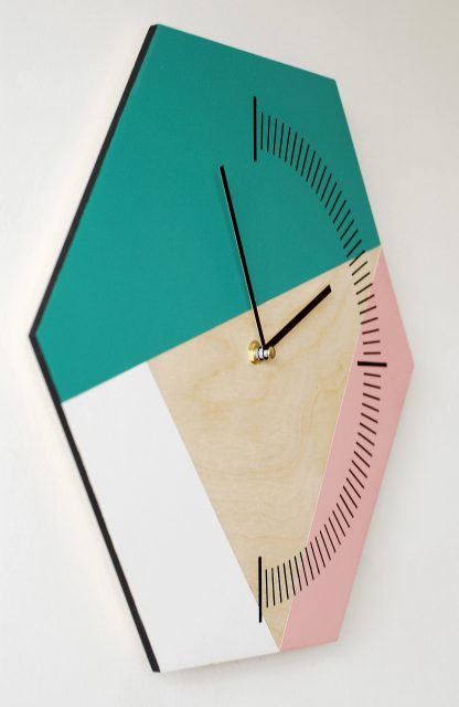 Hexagonal contrasting wooden wall clock