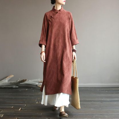 Brown stand collar buttoned three-quarter sleeve dress - Image 7