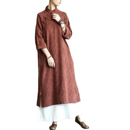 Brown stand collar buttoned three-quarter sleeve dress - Image 6