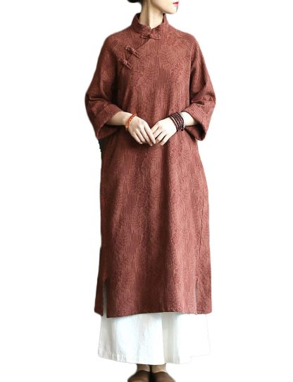 Brown stand collar buttoned three-quarter sleeve dress - Image 5