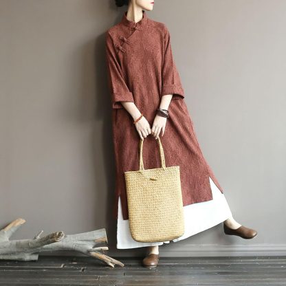 Brown stand collar buttoned three-quarter sleeve dress