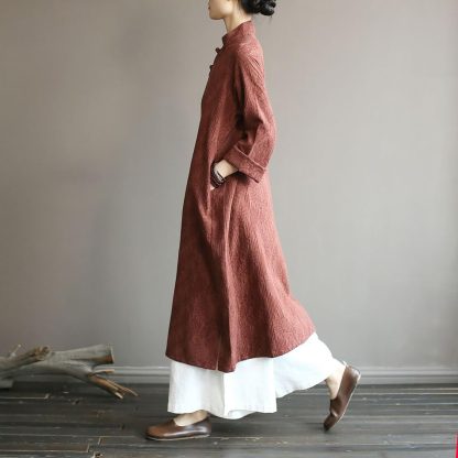 Brown stand collar buttoned three-quarter sleeve dress - Image 2