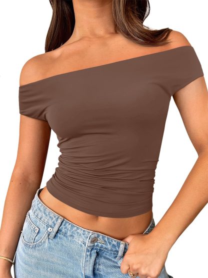 Women's Taupe Off-the-Shoulder Pleated Cropped Top - Image 5