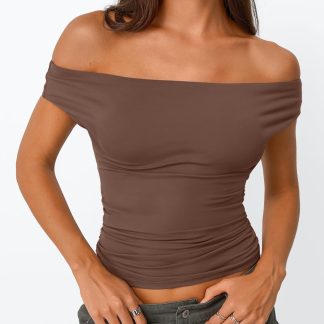 Women's Taupe Off-the-Shoulder Pleated Cropped Top