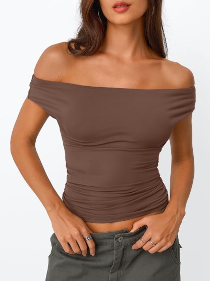 Women's Taupe Off-the-Shoulder Pleated Cropped Top