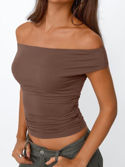Women's Taupe Off-the-Shoulder Pleated Cropped Top - Image 3
