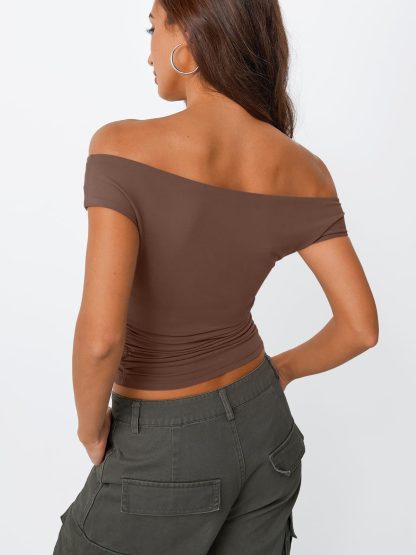 Women's Taupe Off-the-Shoulder Pleated Cropped Top - Image 2
