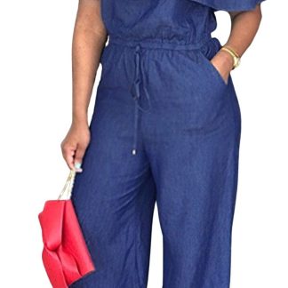Women's off-the-shoulder ruffled denim jumpsuit