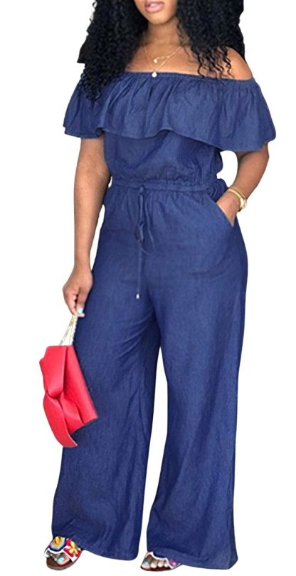 Women's off-the-shoulder ruffled denim jumpsuit