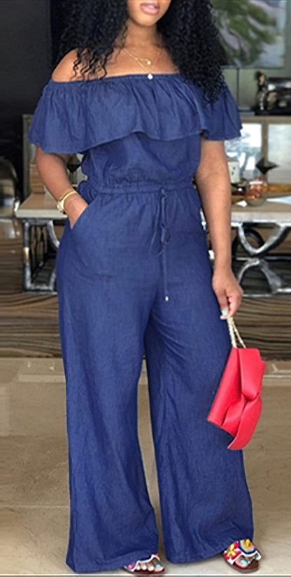 Women's off-the-shoulder ruffled denim jumpsuit - Image 3