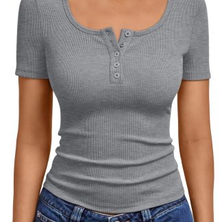 Women's Grey Ribbed Henley Neck Short Sleeve Top