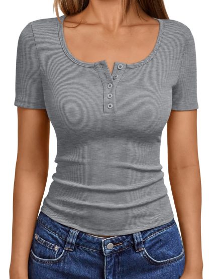 Women's Grey Ribbed Henley Neck Short Sleeve Top