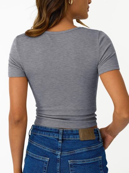 Women's Grey Ribbed Henley Neck Short Sleeve Top - Image 2